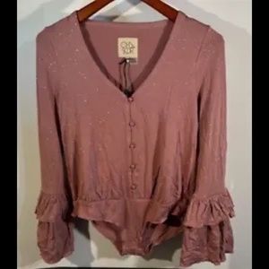 Chaser Pink Glitter Bodysuit V Neck Long Sleeve with Ruffles Size M